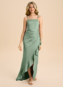 Azazie Buzzy Junior 쉬스 주름진 스트레치 새틴 플로어 길이 주니어 신부 들러리 드레스 image4