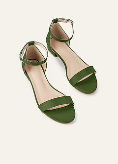 front Matching Color Matte Satin Single Strap Ankle Buckle Block Flat Sandals