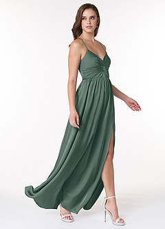 Azazie Raya Bridesmaid Dresses Sea Moss A-Line V-Neck Pleated Stretch Satin Dress image4