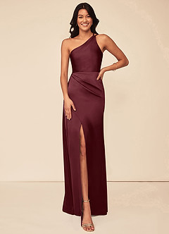 Azazie Maron Robes de demoiselle d'honneur Robe Trapèze en Satin extensible Epaule unique Cabernet image1