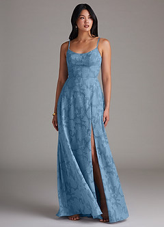 Azazie Moira Bridesmaid Dresses Steel Blue A-Line Side Slit Floral Burnout Dress image4