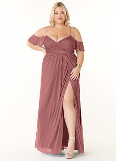 Azazie Fiena Bridesmaid Dresses Desert Rose A-Line V-neck Ruched Mesh Dress image7