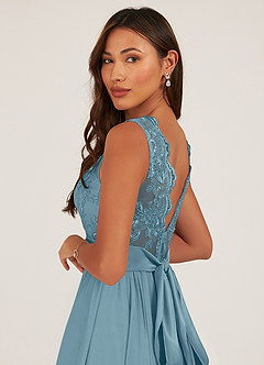 Azazie Gertrude Bridesmaid Dresses Moody Blue A-Line Lace Chiffon Dress image7