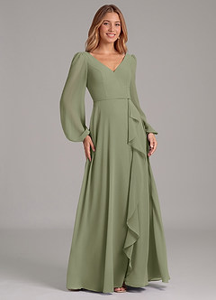Azazie Simone Bridesmaid Dresses Pistachio A-Line Long Sleeve Chiffon Dress image4