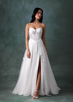 Azazie Ivonnah At-home Try On Dresses Diamond White A-Line Strapless Tulle Dress image6
