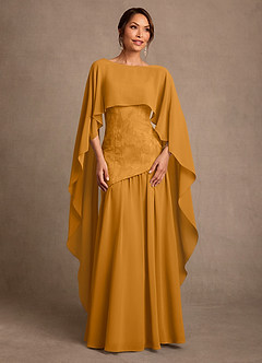 Azazie Flossie Mère de la mariée Robes Robe Trapèze en Mousseline de soie Plissée Caramel écossais image1