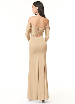 Azazie Hallie Bridesmaid Dresses Champagne Sheath Off-The-Shoulder Long Sleeve Stretch Satin Convertible Dress image3