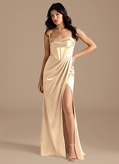 Azazie Lynden Vestidos de damas de honor Vestido de Oro de Satén Metálico de Corte Recto Convertible con Vestidos sin tirantes image9