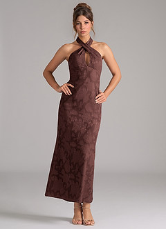 Azazie Marlissa Final Sale Dusty Blue Sheath Pleated Floral Burnout Dress image1