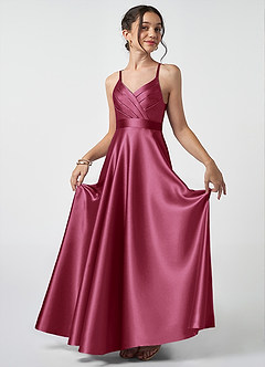 Azazie Avelina Junior A-Linie Plissee Metallischer Satin Kleid Burgunderrot image1