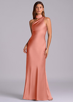 Azazie Seona Robes de demoiselle d'honneur Robe Sirène en Satin extensible Une épaule Corail image1