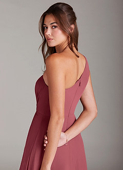 Azazie Brooke Vestidos de damas de honor Vestido de Merlot de Gasa de Corte en A con Hombro unilateral image6