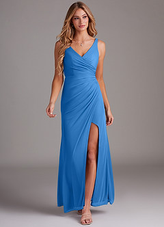 Azazie Leandra Vestidos de damas de honor Vestido de Azul Grisaceo de Malla de Corte Sirena con Cuello en V Plisado image5