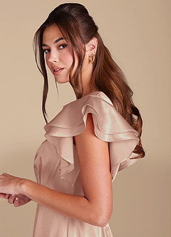 Azazie Daphne Modest Bridesmaid Dresses A-Line Ruched Metallic Satin Floor-Length Dress image5