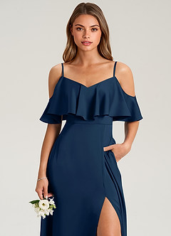 Azazie Jean Bridesmaid Dresses Dark Navy A-Line Off the Shoulder Stretch Satin Dress image6