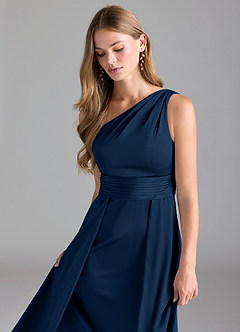Azazie Dallas Bridesmaid Dresses Dark Navy A-Line One Shoulder Stretch Satin Dress image6