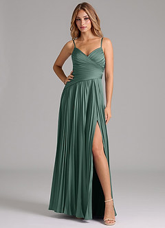 Azazie Vini Bridesmaid Dresses Eucalyptus A-Line Pleated Stretch Satin Dress image3