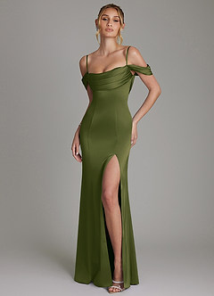 Azazie Nira Bridesmaid Dresses Bright Olive Mermaid Corset Stretch Satin Dress image4