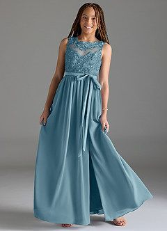 Azazie Elly Junior Moody Blue A-Line Lace Chiffon Dress image1