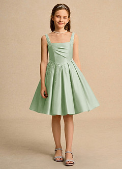 Azazie Jello Jurken voor bloemenmeisjes Baljurk Jurk van Mat Satijn Geplooid Stoffige Salie image1