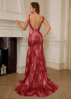 Jade Rot Paillettenbesetztes Satin-Abendkleid im Meerjungfrauen-Stil mit Seitenschlitz und tiefem V-Ausschnitt image2