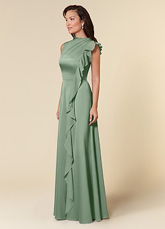 Azazie Narine Mother of the Bride Dresses Matcha A-Line High Neckline Pleated Stretch Satin Dress image2