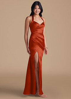Azazie Emeria Bridesmaid Dresses Paprika Sheath Side Slit Metallic Satin Dress image6