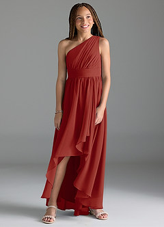 Azazie Mathilda Junior Robe Trapèze en Mousseline de soie Plissée Terracotta image4