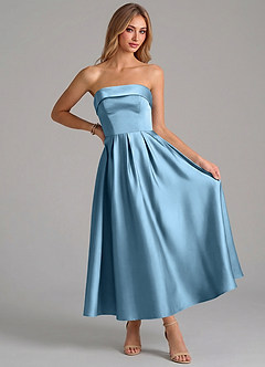 Azazie Lucienne Bridesmaid Dresses Steel Blue A-Line Pleated Stretch Satin Dress image5