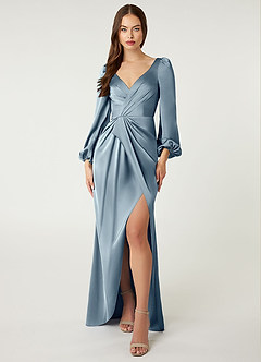 Azazie Mel Bridesmaid Dresses Dusty Blue Sheath Long Sleeve Stretch Satin Dress image1
