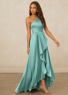 Christian Siriano Bridal for Azazie 1008 Bridesmaid Dresses Aqua A-Line One Shoulder Stretch Satin Dress image4