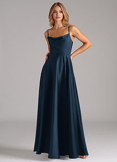 Azazie Elle Vestidos de damas de honor Vestido Azul Marino Oscuro de Satén Elástico de Línea A con Plisado image5