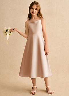 Azazie Jaella Girls Formal Blomsterpigekjoler A-Line Plisseret Mat satin Te-længde Kjole image2