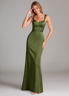 Azazie Denice Bridesmaid Dresses Olive A-Line Pleated Stretch Satin Dress image1