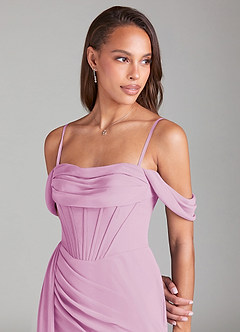 Azazie Amyra Bridesmaid Dresses Candy Pink Sheath Off the Shoulder Chiffon Convertible Dress image6