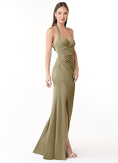 Azazie Emeria Bridesmaid Dresses Moss Green Mermaid Pleated Stretch Satin Dress image4