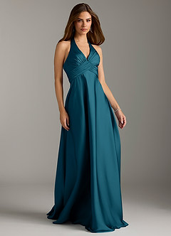 Azazie Tessie Bridesmaid Dresses Ink Blue A-Line Pleated Stretch Satin Dress image1