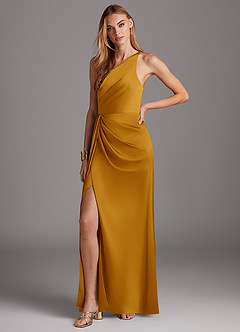 Azazie Mika Bridesmaid Dresses Butterscotch Sheath One Shoulder Stretch Satin Dress image1