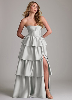 Azazie Faye Vestidos de damas de honor Vestido de Plata de Satén Elástico de Corte en A con Volante image4