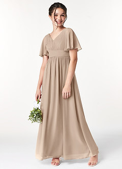 Azazie Temeka Junior Taupe A-Line Pleated Chiffon Dress image1