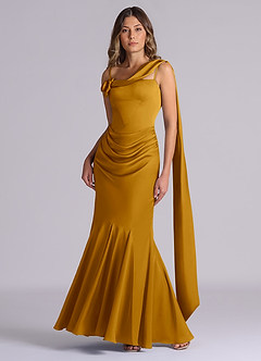 Azazie Inara Bridesmaid Dresses Butterscotch Mermaid Pleated Stretch Satin Dress image4