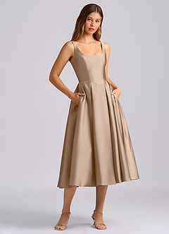 Azazie Amalie Bridesmaid Dresses Taupe A-Line Pleated Stretch Satin Dress image3