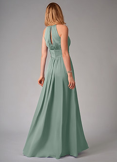 Azazie Bonnie At-home Try On Dresses Dusty Blue A-Line Pleated Stretch Satin Dress image2