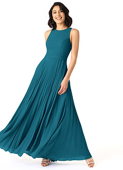 Azazie Lindie Abiti da Damigella Abito A-Line in Chiffon con Scollo a U a Pieghe Blu Inchiostro image3