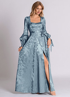 Azazie Leonia 신부 들러리 드레스 A라인 긴팔 자카드 바닥 길이 드레스 image4