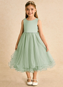 Azazie Lass Abiti da Ragazza di Fiori Abito A-Line in Tulle Fiocco Verde Salvia image2