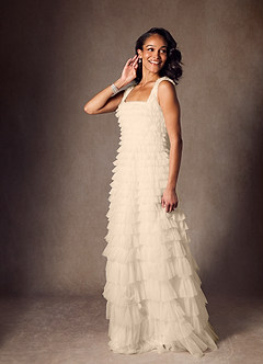 Azazie Zariah Wedding Dresses Champagne A-Line Ruched Tulle Dress image7