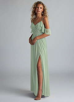 Azazie Fiena Final Sale Dusty Sage A-Line V-neck Ruched Mesh Dress image2