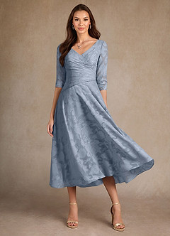 Azazie Durant Mother of the Bride Dresses Dusty Blue A-Line Pleated Floral Burnout Dress image2