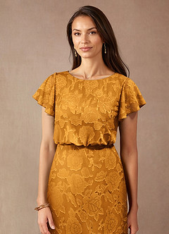 Azazie Lehi Mother of the Bride Dresses Butterscotch A-Line Boatneck Floral Burnout Dress image5